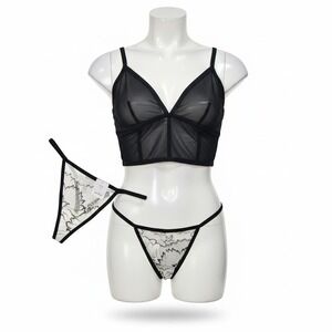 Auden Womens 3pc Lingerie Set Mesh Longline Bralette Lace Thong Shortie Black XS